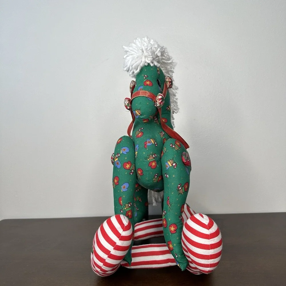 Handmade Rocking Horse Plush Christmas Holiday Quilted Patchwork Grannycore Red